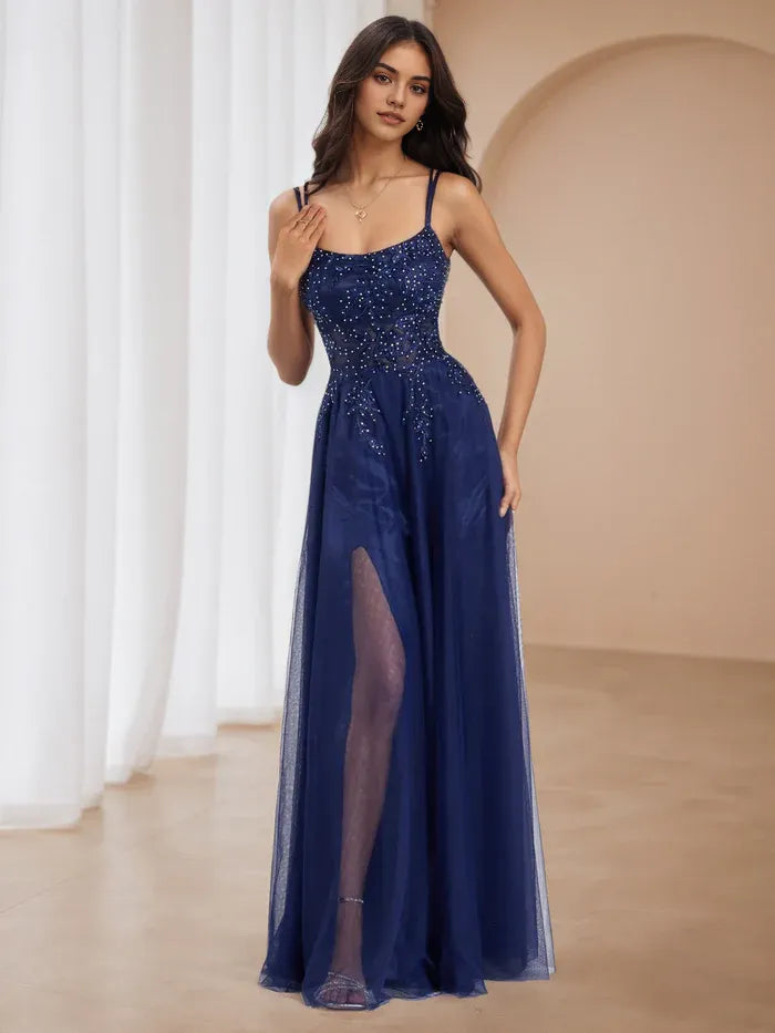 Navy Timeless Prom Gown Spaghetti Straps Detail Sheer Slit for Enchanting Events