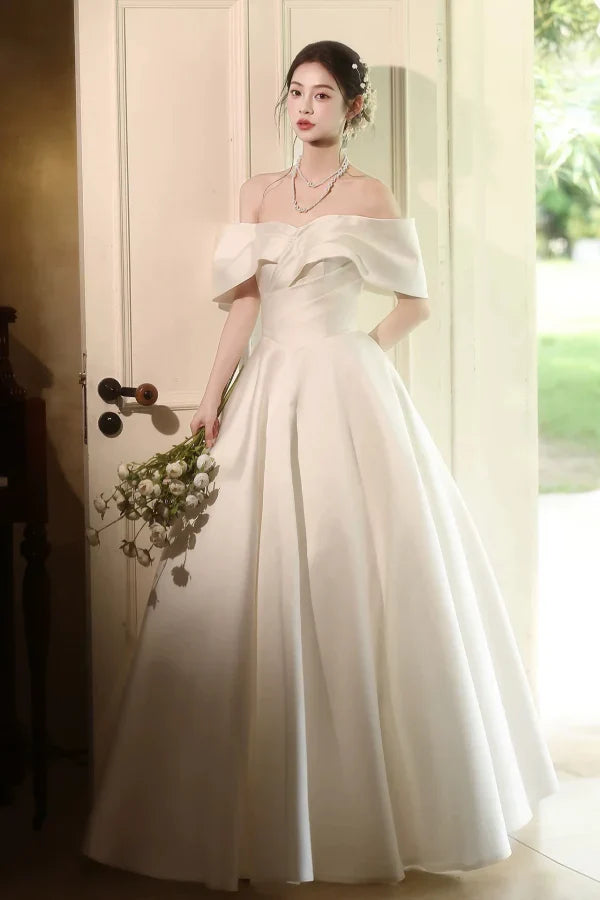 Ivory Timeless Off-the-Shoulder Sleeveless Detailed Long Prom Dresses