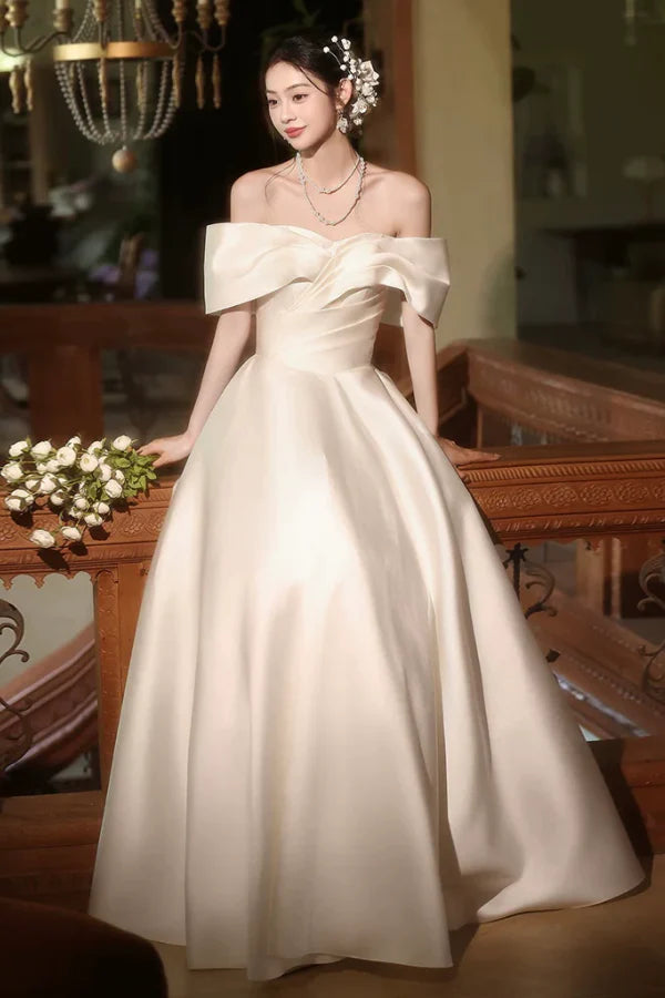 Ivory Timeless Off-the-Shoulder Sleeveless Detailed Long Prom Dresses