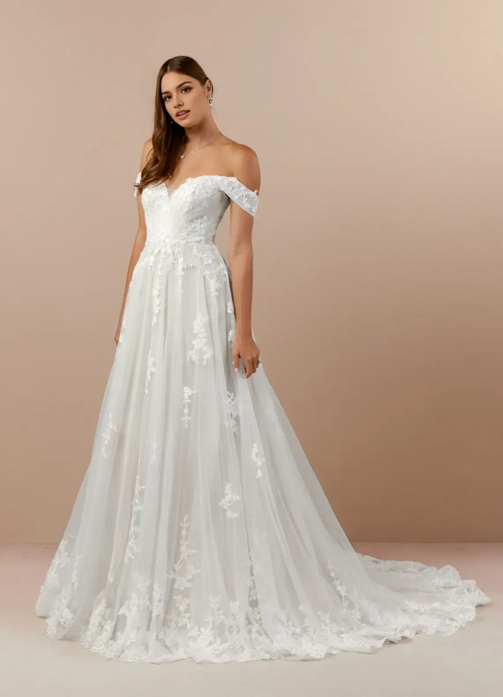 Timeless Off Shoulder A-Line Off the Wedding Dresses Clean Lines Subtle Volume Floor Length Train Premium Pick for Classic Brides