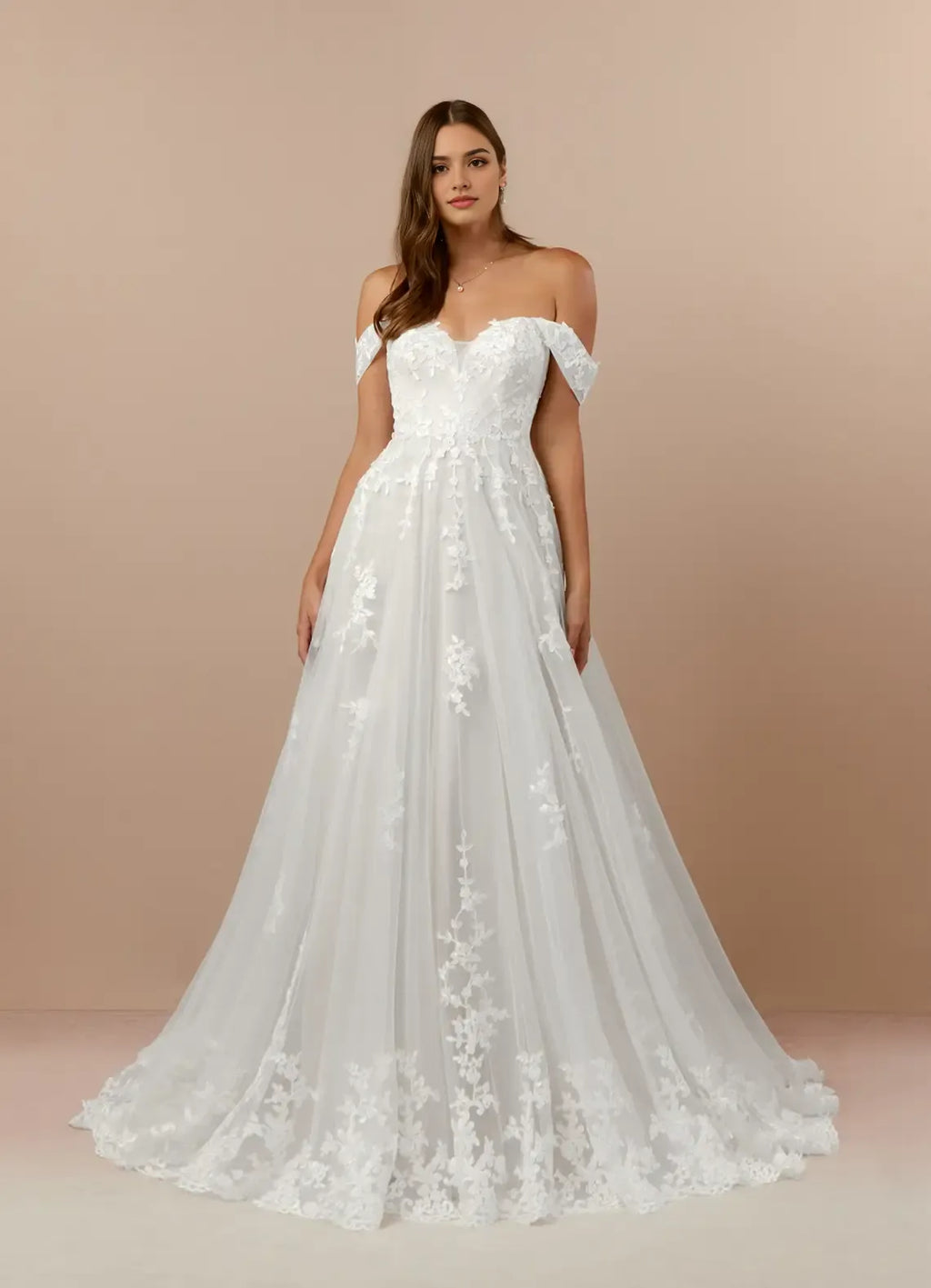 Timeless Off Shoulder A-Line Off the Wedding Dresses Clean Lines Subtle Volume Floor Length Train Premium Pick for Classic Brides