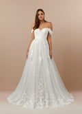 Timeless Off Shoulder A-Line Off the Wedding Dresses Clean Lines Subtle Volume Floor Length Train Premium Pick for Classic Brides