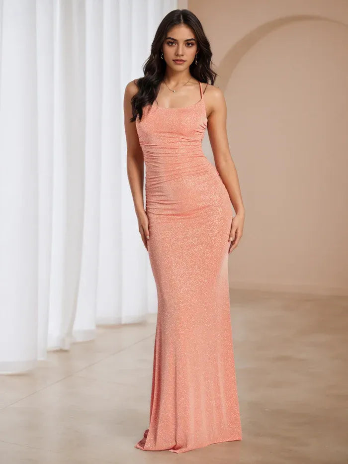 Peach Timeless Glitter Prom Gown Spaghetti Straps Ruched Detail Mermaid Fit for Enchanting Events