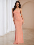 Peach Timeless Glitter Prom Gown Spaghetti Straps Ruched Detail Mermaid Fit for Enchanting Events