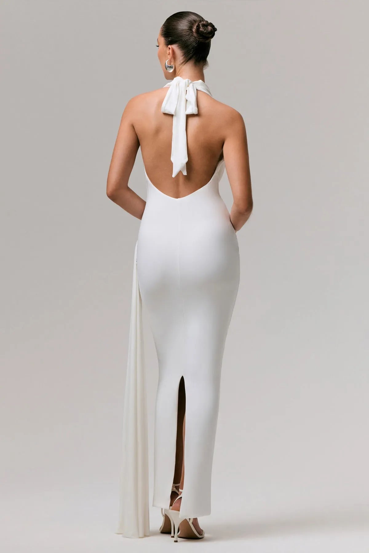 Timeless Sculpted Drape Gown Cowl Halter Ruched Sash Trailing Drape for Classic
