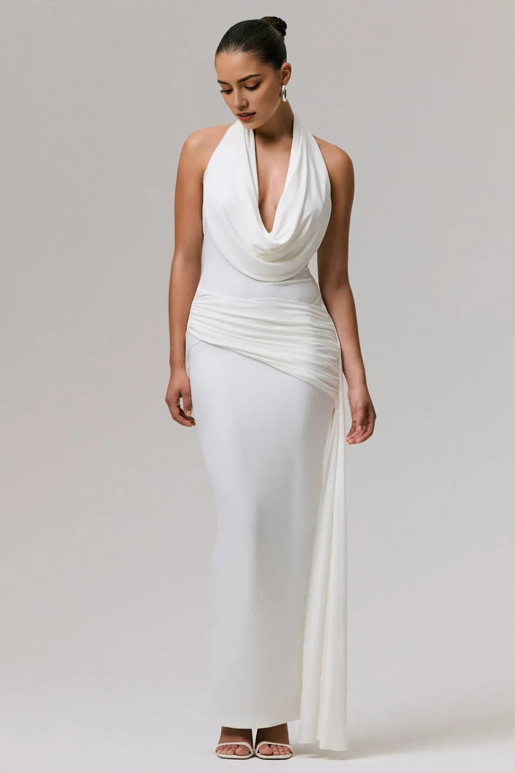 Timeless Sculpted Drape Gown Cowl Halter Ruched Sash Trailing Drape for Classic