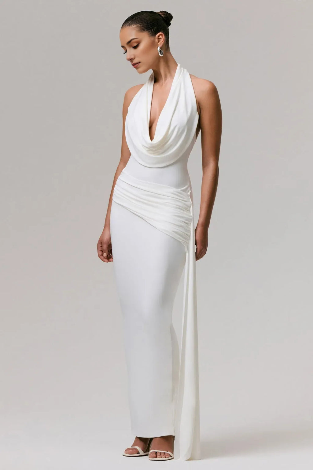 Timeless Sculpted Drape Gown Cowl Halter Ruched Sash Trailing Drape for Classic