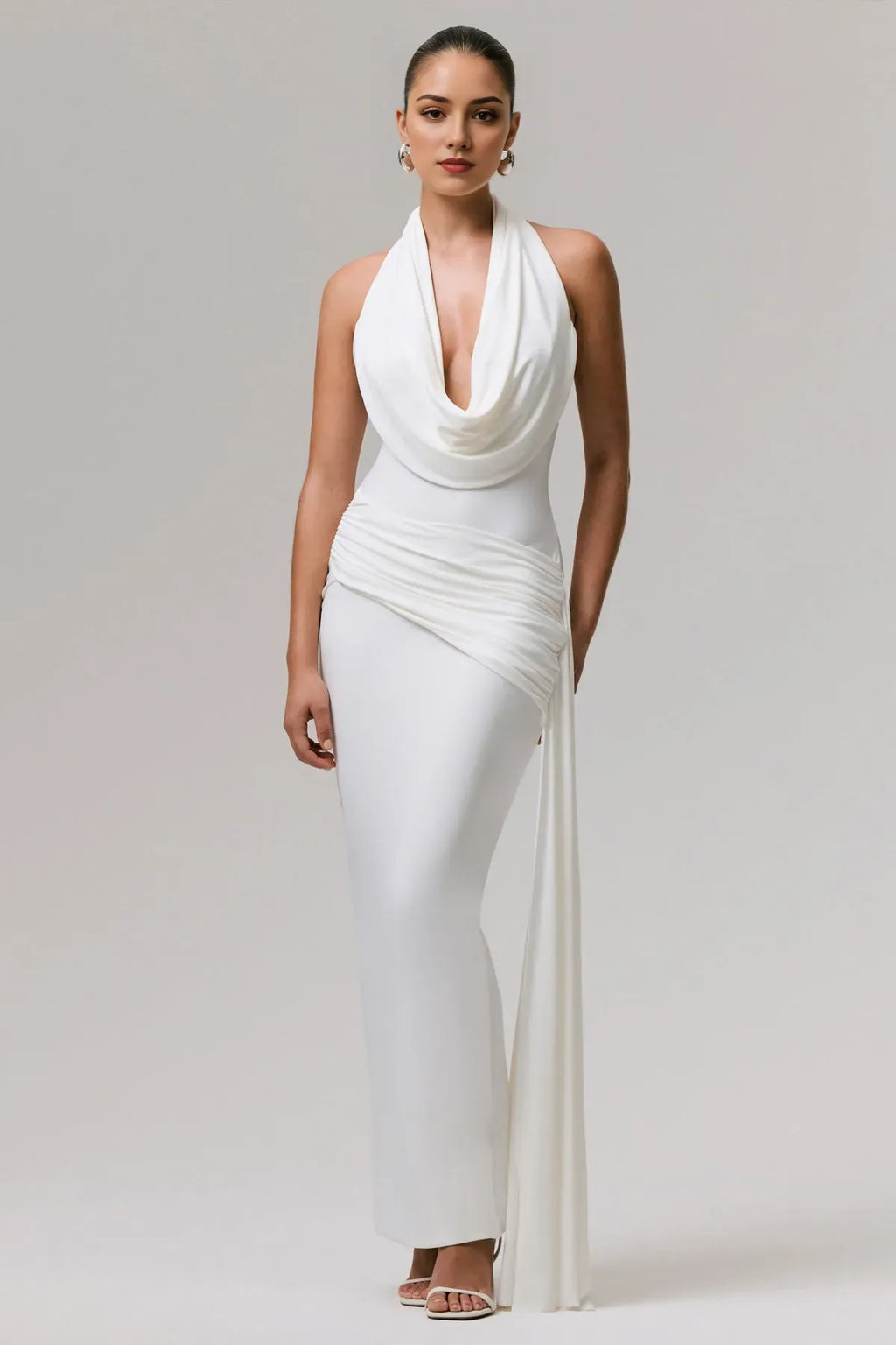 Timeless Sculpted Drape Gown Cowl Halter Ruched Sash Trailing Drape for Classic