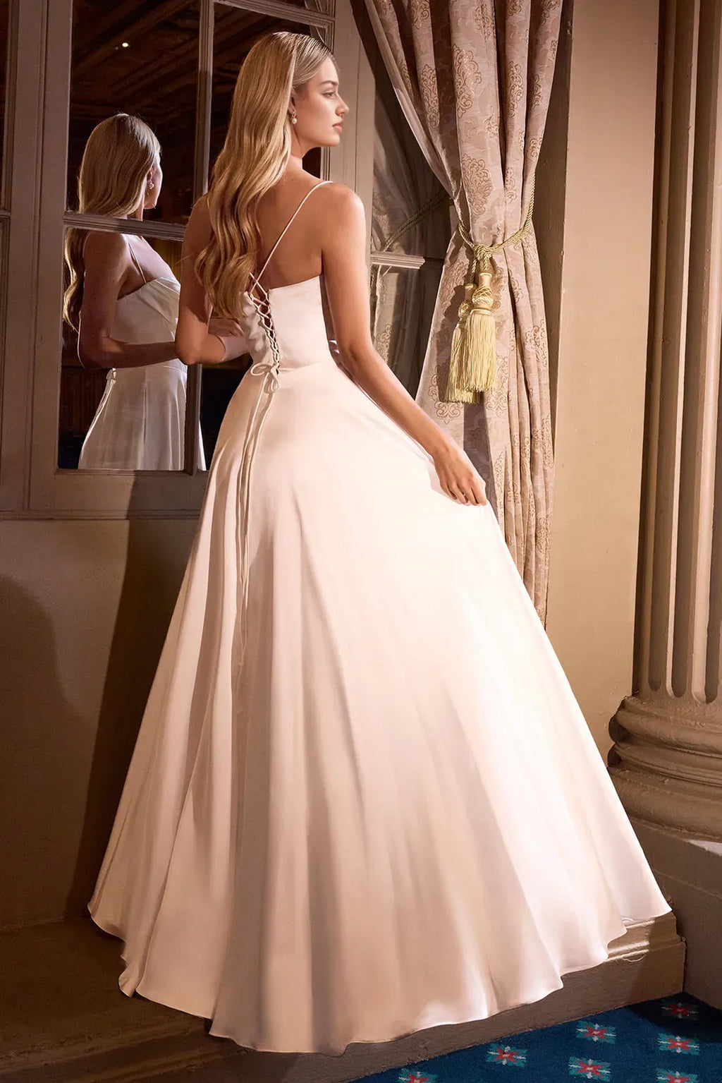 White Timeless Ball Gown Prom Dress with Corset Bodice and Flowing Skirt