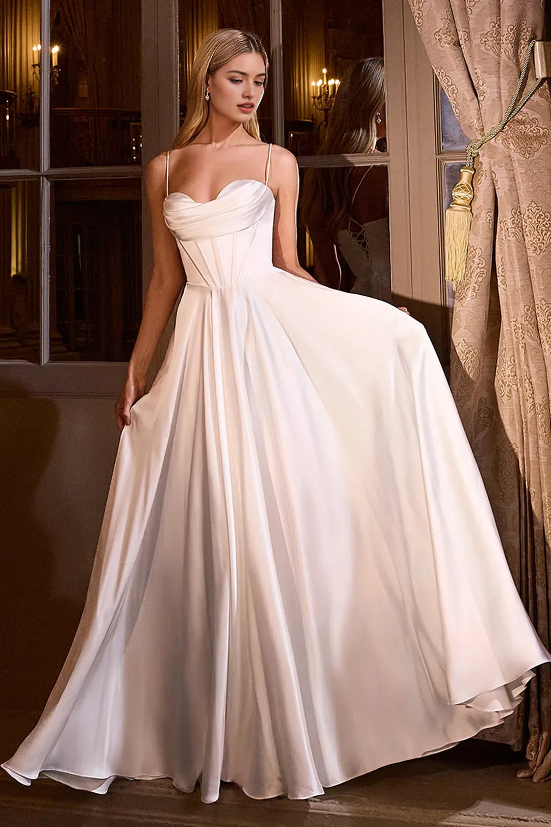 White Timeless Ball Gown Prom Dress with Corset Bodice and Flowing Skirt