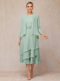 Elegant Sage Green Chiffon Long Sleeve Tea-Length Mother of the Bride Dress