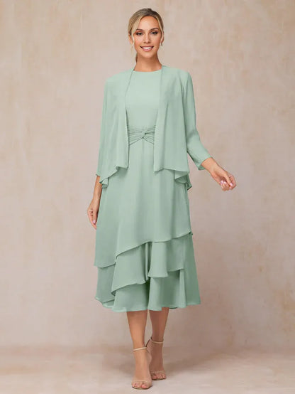 Elegant Sage Green Chiffon Long Sleeve Tea-Length Mother of the Bride Dress