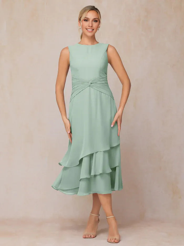 Elegant Sage Green Chiffon Long Sleeve Tea-Length Mother of the Bride Dress