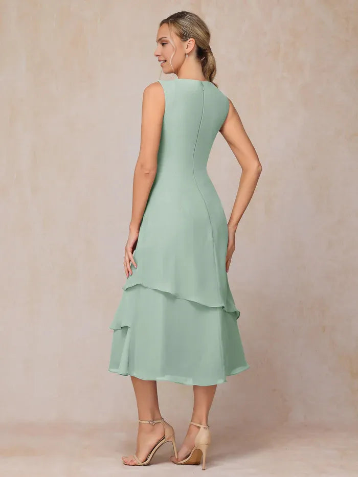 Elegant Sage Green Chiffon Long Sleeve Tea-Length Mother of the Bride Dress