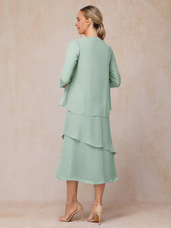 Elegant Sage Green Chiffon Long Sleeve Tea-Length Mother of the Bride Dress