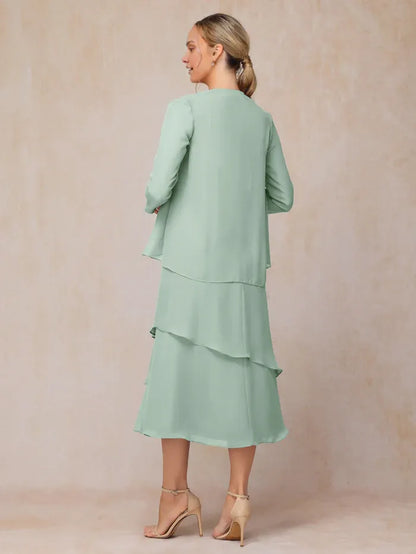 Elegant Sage Green Chiffon Long Sleeve Tea-Length Mother of the Bride Dress