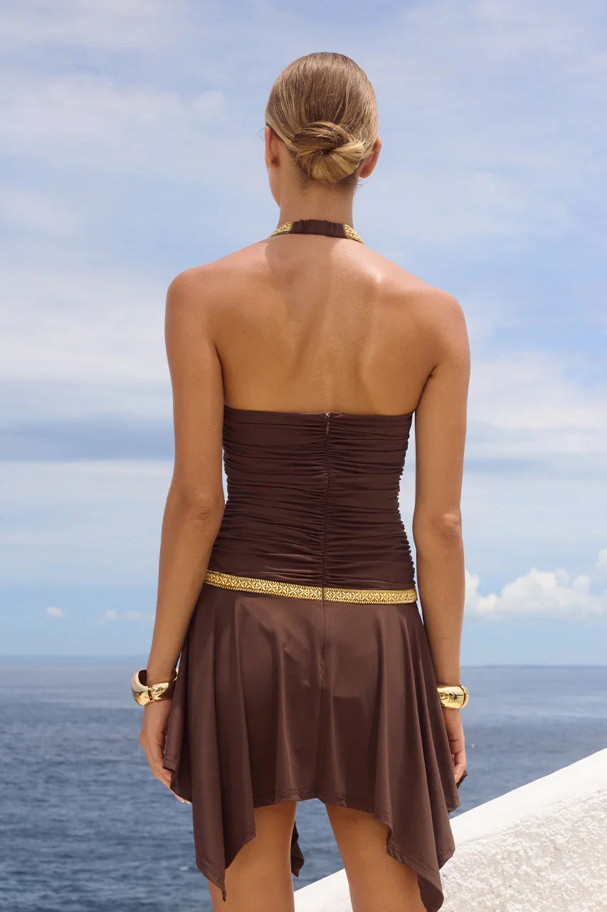 Special Occasion Sophisticated Graceful Elegant Gold A-Line Halter Sleeveless Mini Homecoming Dress