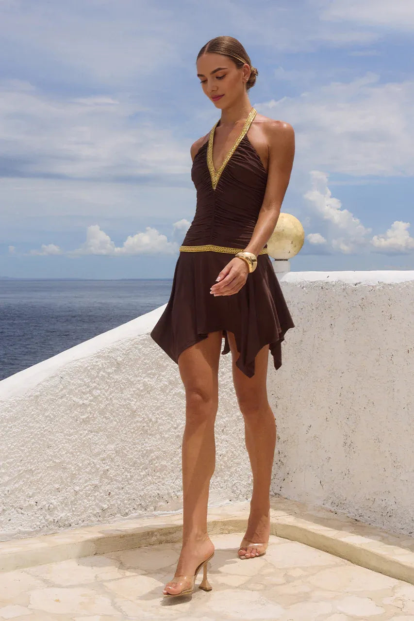 Special Occasion Sophisticated Graceful Elegant Gold A-Line Halter Sleeveless Mini Homecoming Dress