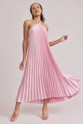 Refined Beautiful Elegant Blush Pink Satin A-Line Halter Sleeveless Floor-Length Prom Dress