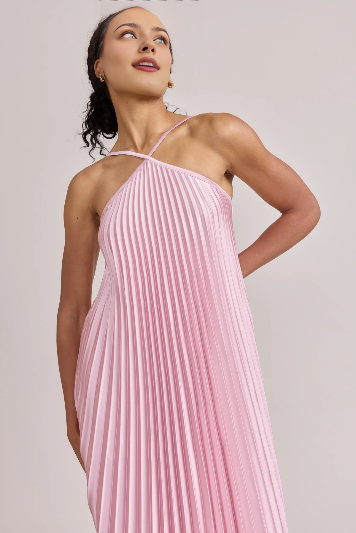 Refined Beautiful Elegant Blush Pink Satin A-Line Halter Sleeveless Floor-Length Prom Dress
