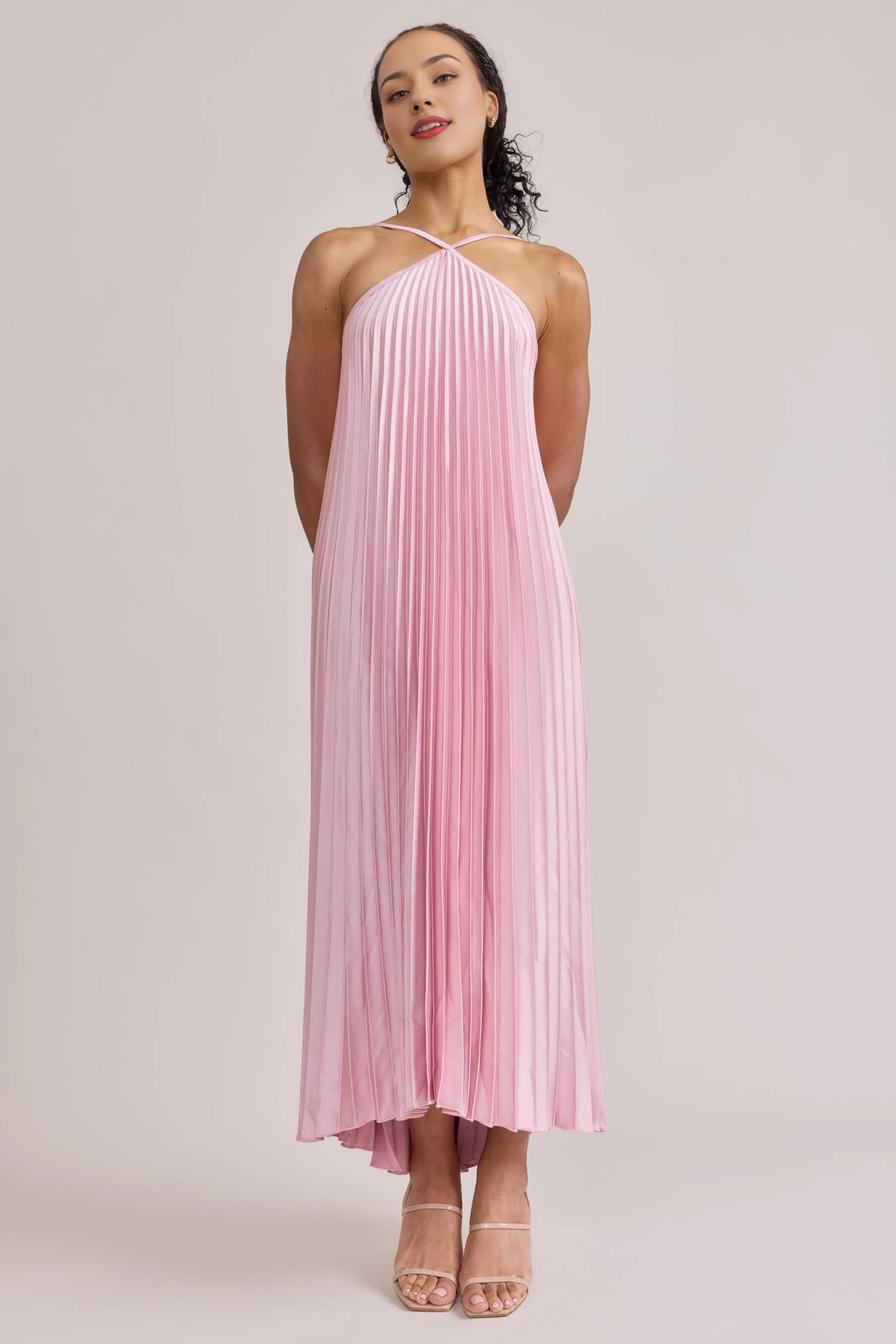 Refined Beautiful Elegant Blush Pink Satin A-Line Halter Sleeveless Floor-Length Prom Dress