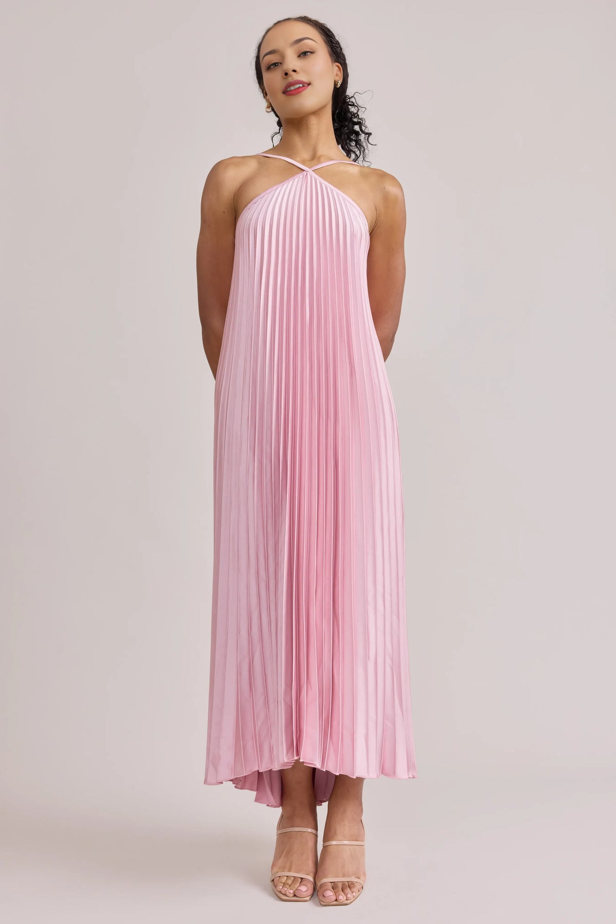 Refined Beautiful Elegant Blush Pink Satin A-Line Halter Sleeveless Floor-Length Prom Dress