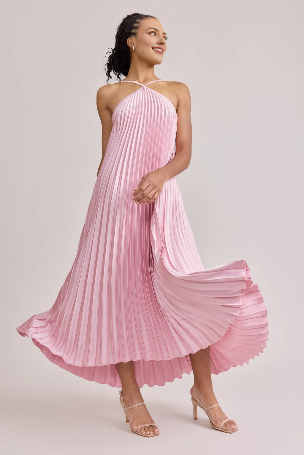Refined Beautiful Elegant Blush Pink Satin A-Line Halter Sleeveless Floor-Length Prom Dress