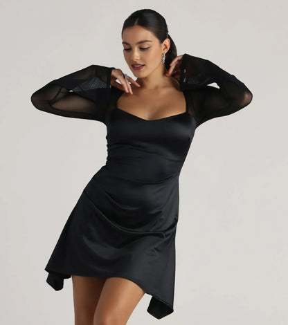Graceful Stylish Refined Elegant Black Satin A-Line Long Sleeve Mini Homecoming Dress