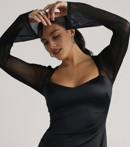 Graceful Stylish Refined Elegant Black Satin A-Line Long Sleeve Mini Homecoming Dress