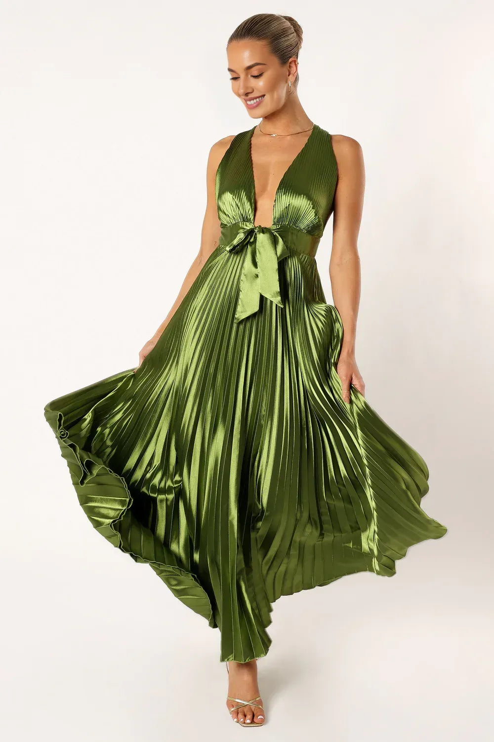 Sophisticated Graceful Stylish Refined Elegant Olive Green Satin A-Line Sleeveless Prom Dress