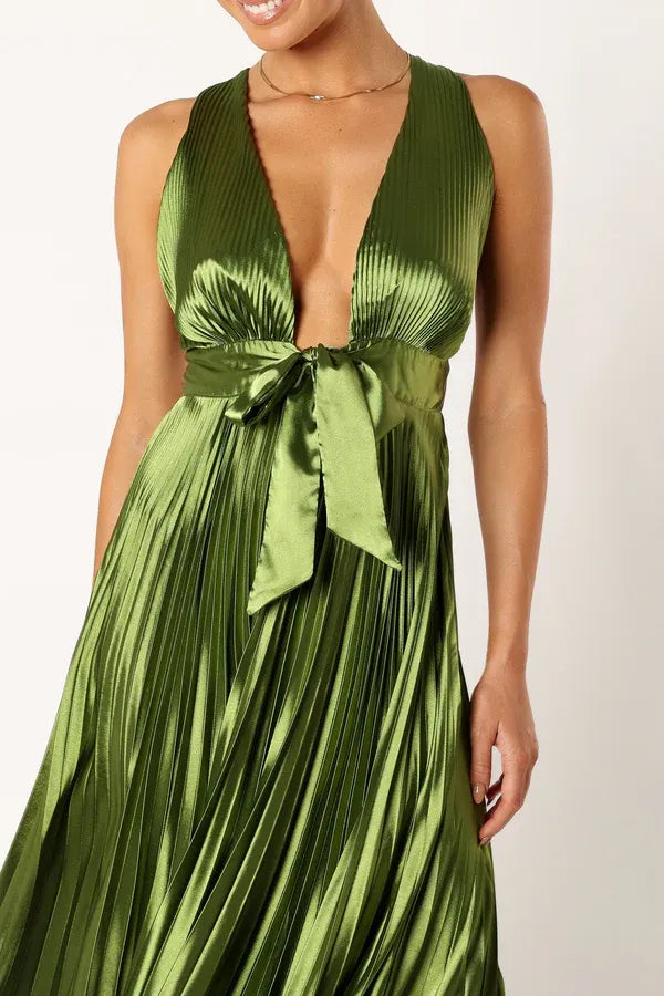 Sophisticated Graceful Stylish Refined Elegant Olive Green Satin A-Line Sleeveless Prom Dress
