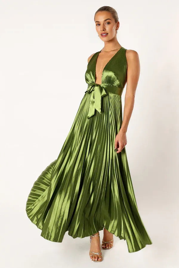 Sophisticated Graceful Stylish Refined Elegant Olive Green Satin A-Line Sleeveless Prom Dress