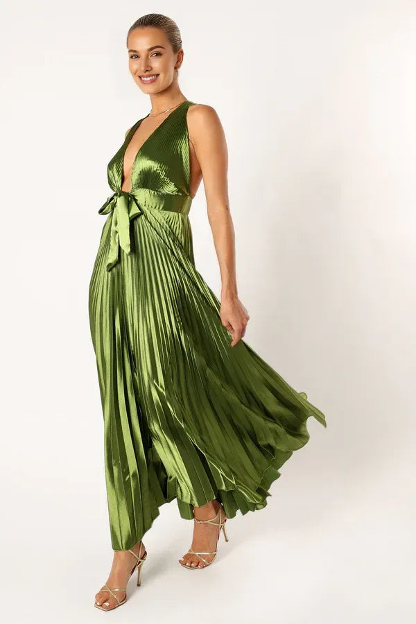 Sophisticated Graceful Stylish Refined Elegant Olive Green Satin A-Line Sleeveless Prom Dress