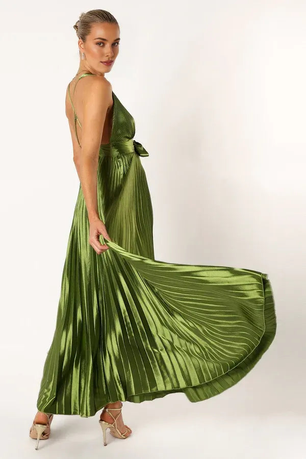 Sophisticated Graceful Stylish Refined Elegant Olive Green Satin A-Line Sleeveless Prom Dress