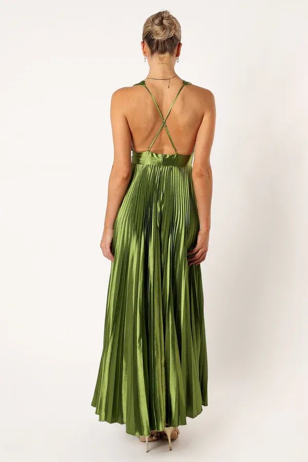 Sophisticated Graceful Stylish Refined Elegant Olive Green Satin A-Line Sleeveless Prom Dress
