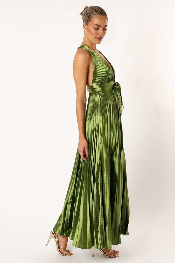 Sophisticated Graceful Stylish Refined Elegant Olive Green Satin A-Line Sleeveless Prom Dress