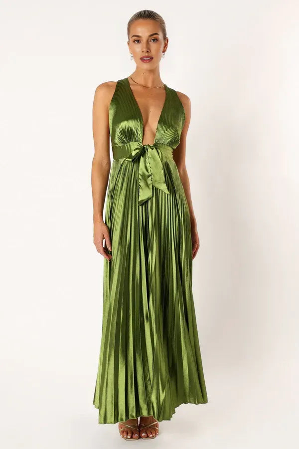 Sophisticated Graceful Stylish Refined Elegant Olive Green Satin A-Line Sleeveless Prom Dress
