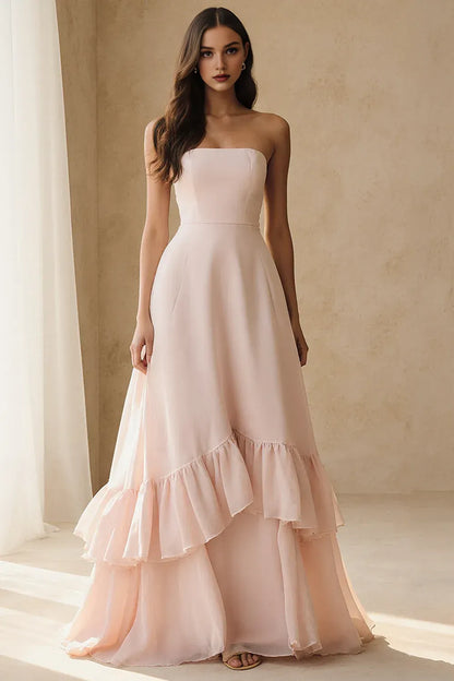 Stylish Refined Beautiful Elegant Blush Pink Chiffon Strapless Sleeveless Floor-Length Prom Dress
