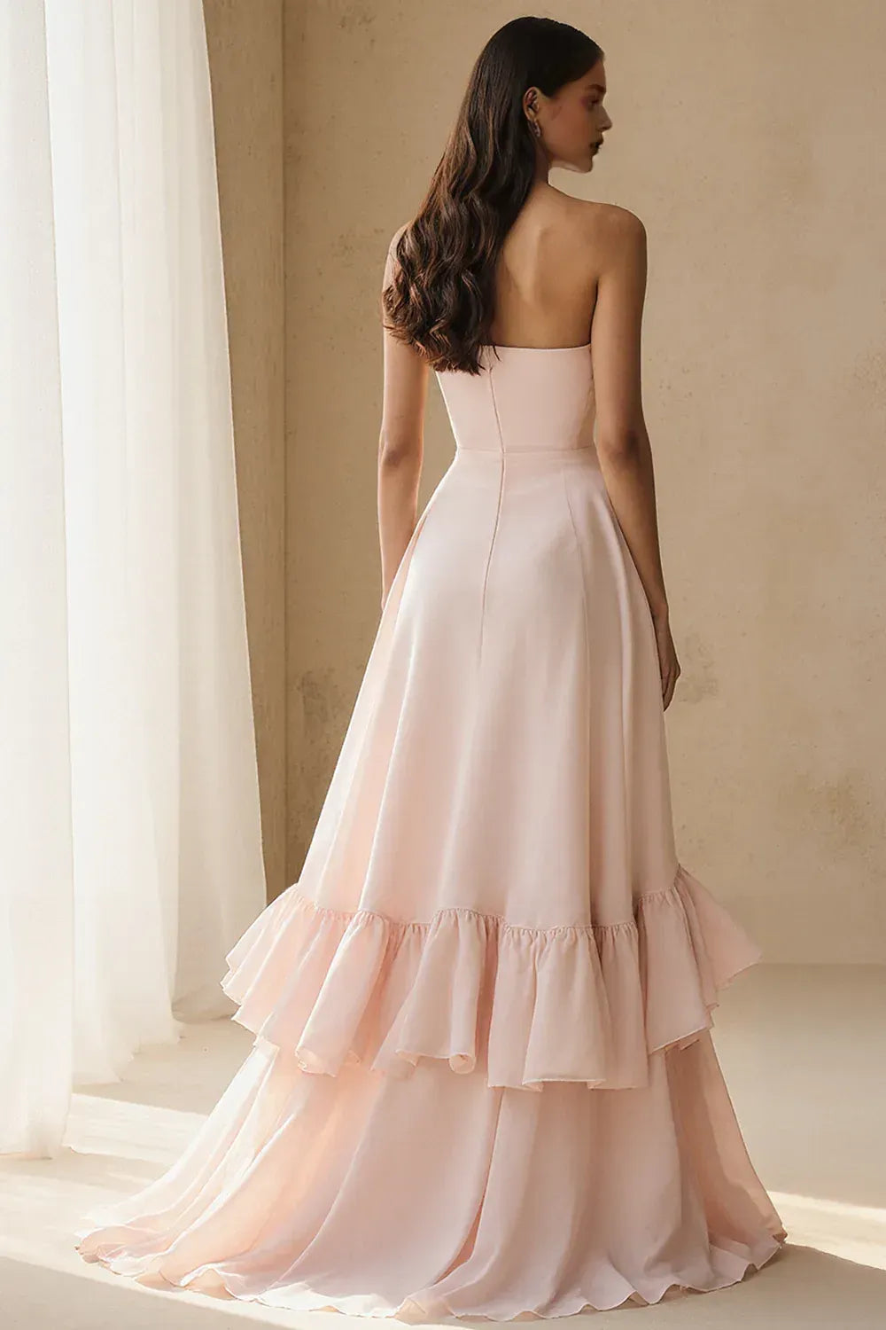 Stylish Refined Beautiful Elegant Blush Pink Chiffon Strapless Sleeveless Floor-Length Prom Dress