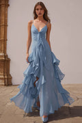 Timeless Special Occasion Elegant Light Blue Chiffon V-Neck Sleeveless Floor-Length Prom Dress