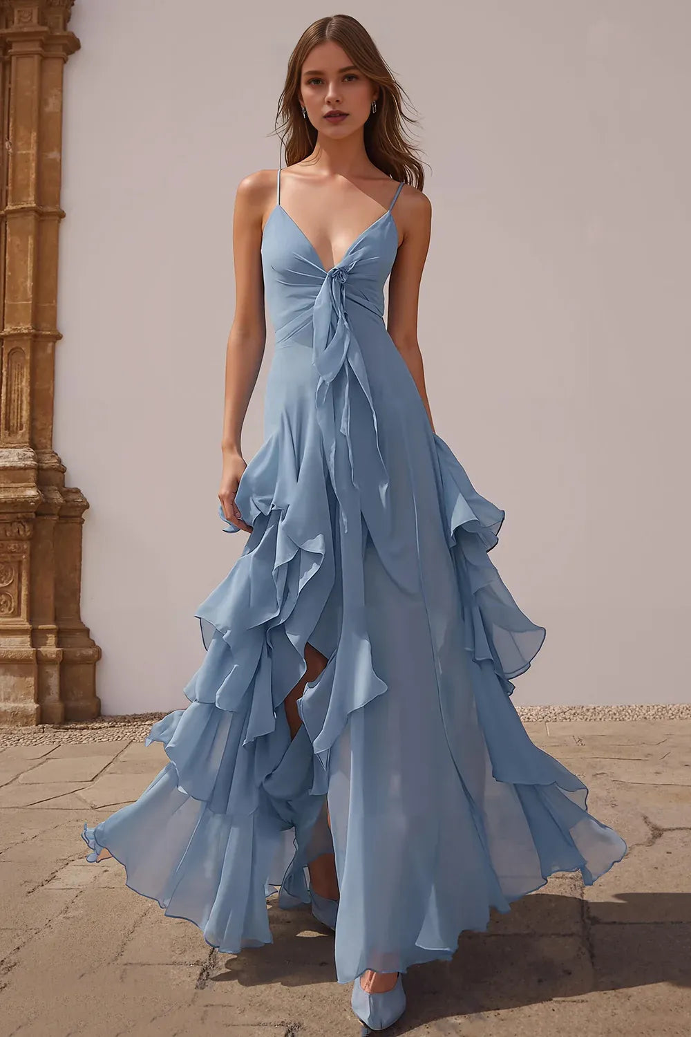 Timeless Special Occasion Elegant Light Blue Chiffon V-Neck Sleeveless Floor-Length Prom Dress