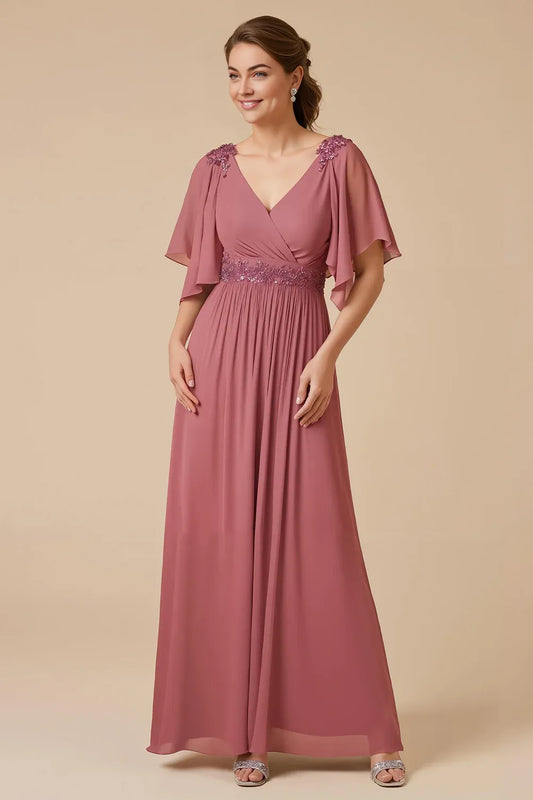 Beautiful Timeless Elegant Dusty Rose Chiffon Floor-Length Mother of the Bride Dress