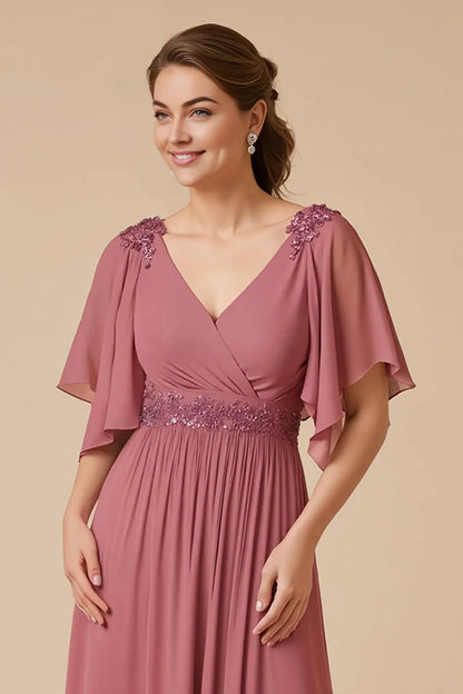 Beautiful Timeless Elegant Dusty Rose Chiffon Floor-Length Mother of the Bride Dress
