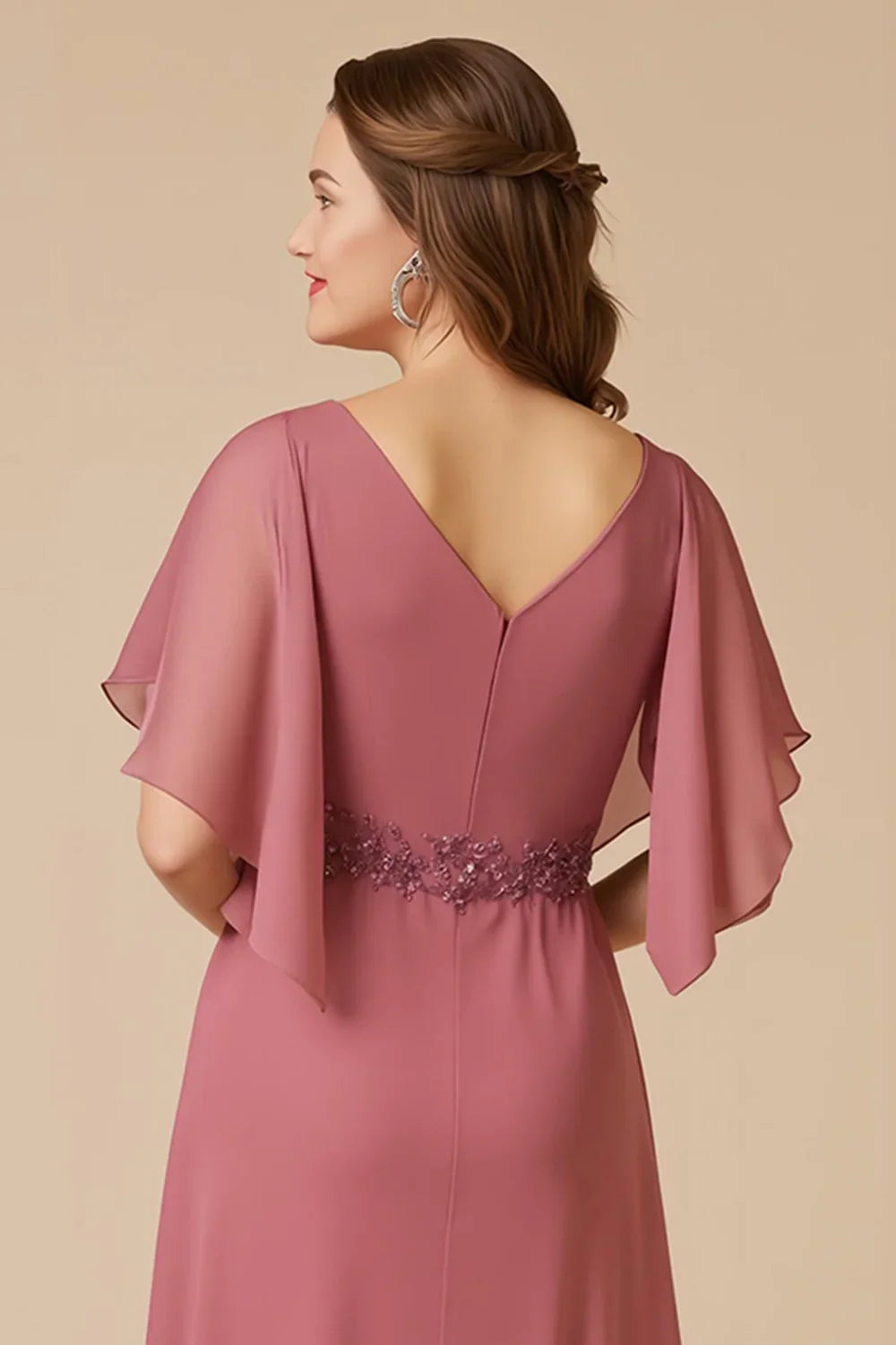 Beautiful Timeless Elegant Dusty Rose Chiffon Floor-Length Mother of the Bride Dress
