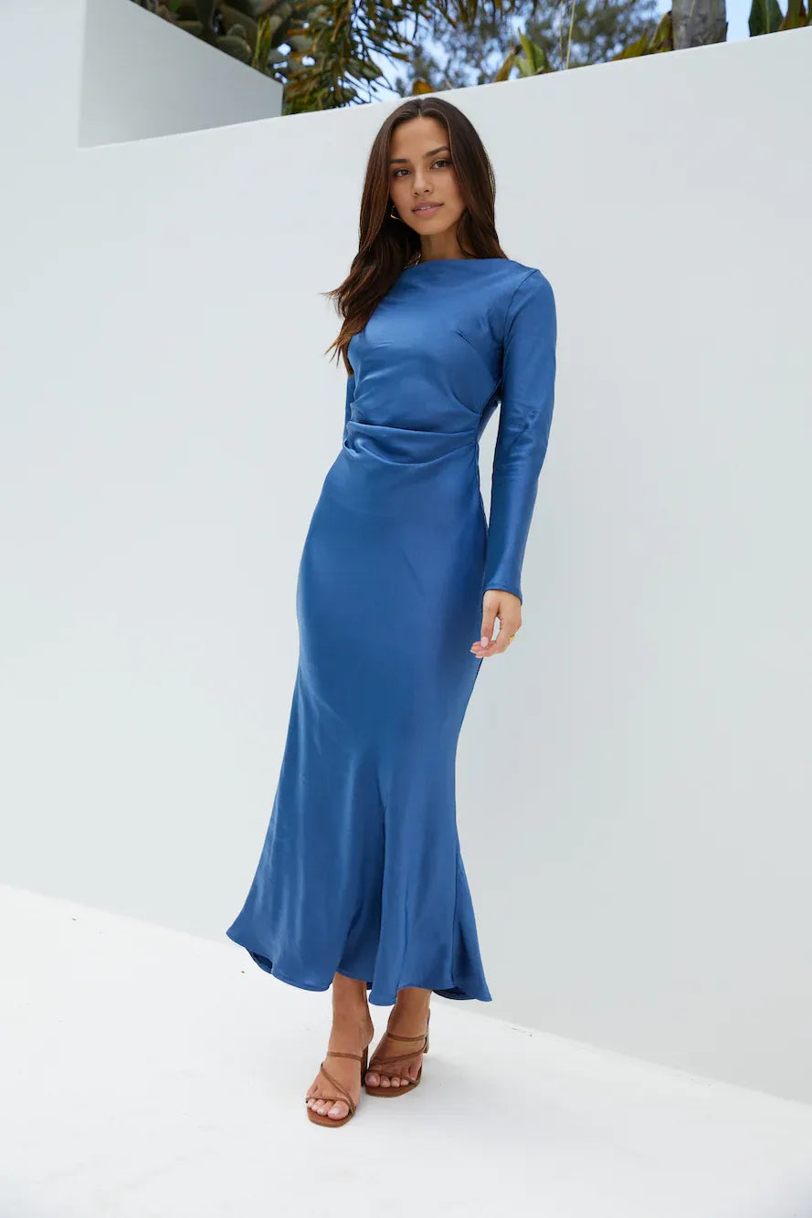 Beautiful Elegant Sage Green Satin High Neck Long Sleeve Floor-Length Cocktail Dress