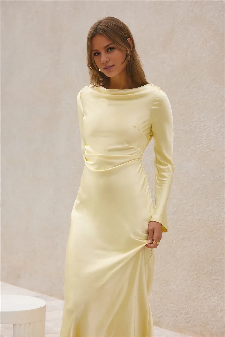 Beautiful Elegant Sage Green Satin High Neck Long Sleeve Floor-Length Cocktail Dress
