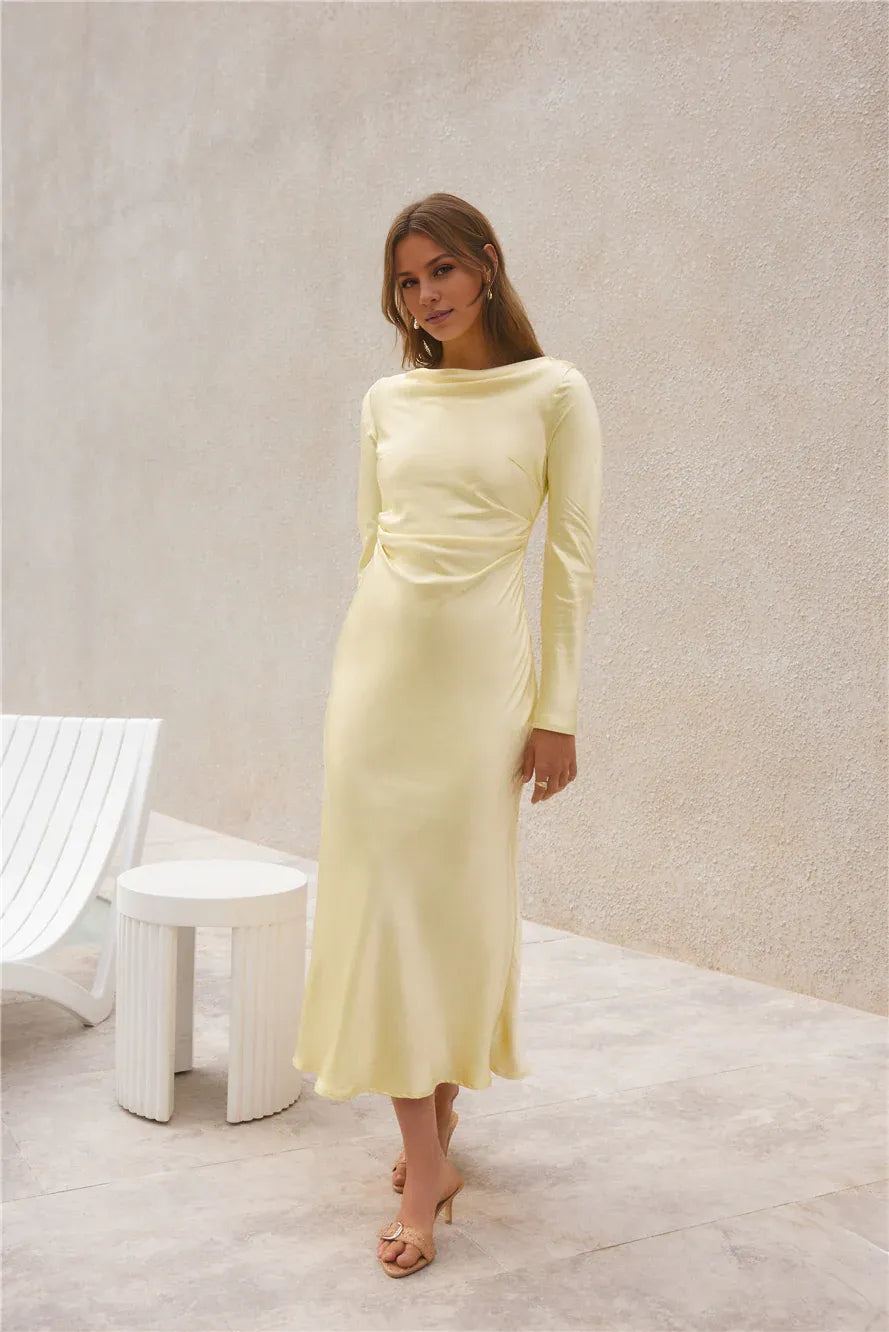 Beautiful Elegant Sage Green Satin High Neck Long Sleeve Floor-Length Cocktail Dress