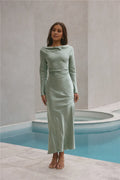 Beautiful Elegant Sage Green Satin High Neck Long Sleeve Floor-Length Cocktail Dress