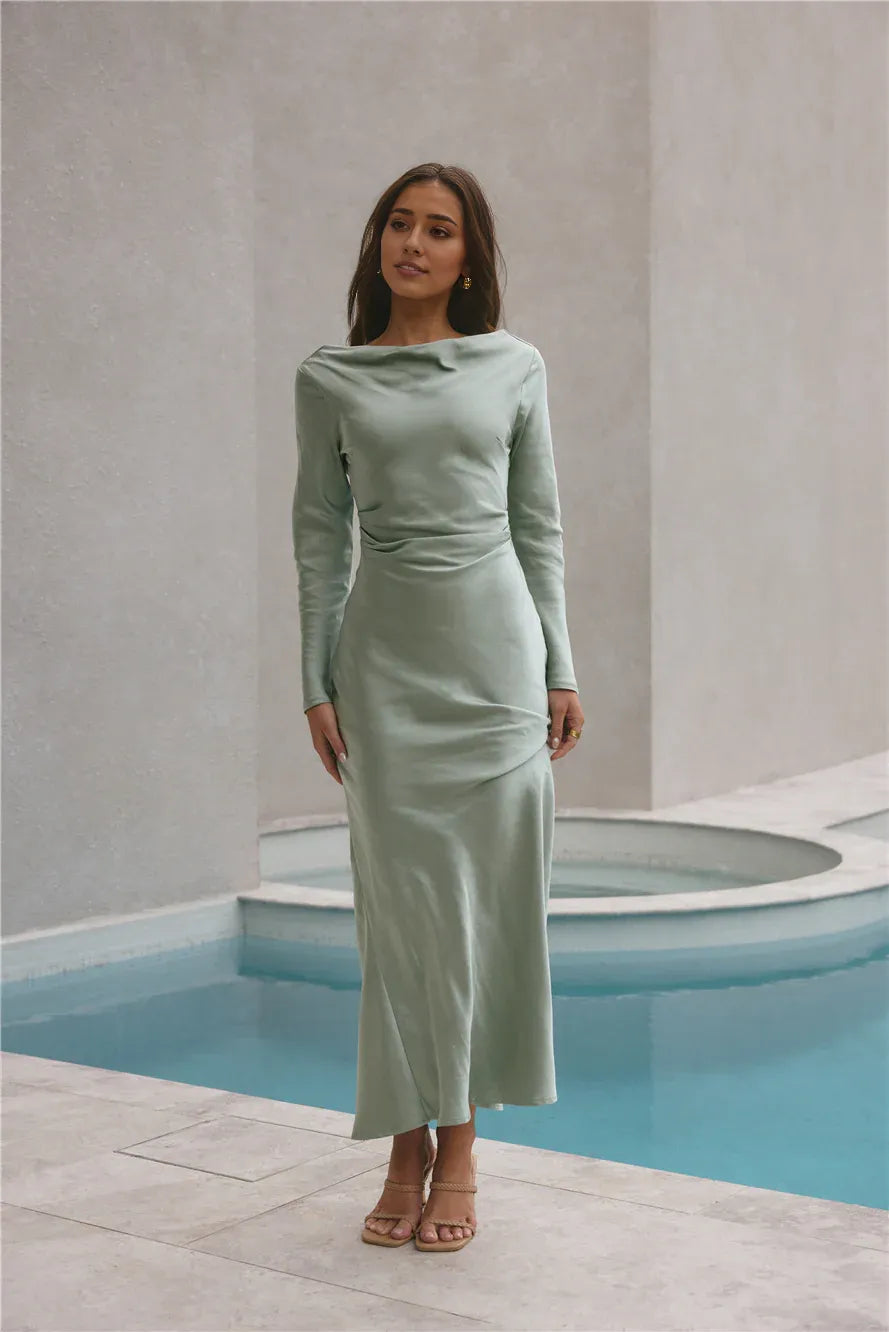 Beautiful Elegant Sage Green Satin High Neck Long Sleeve Floor-Length Cocktail Dress