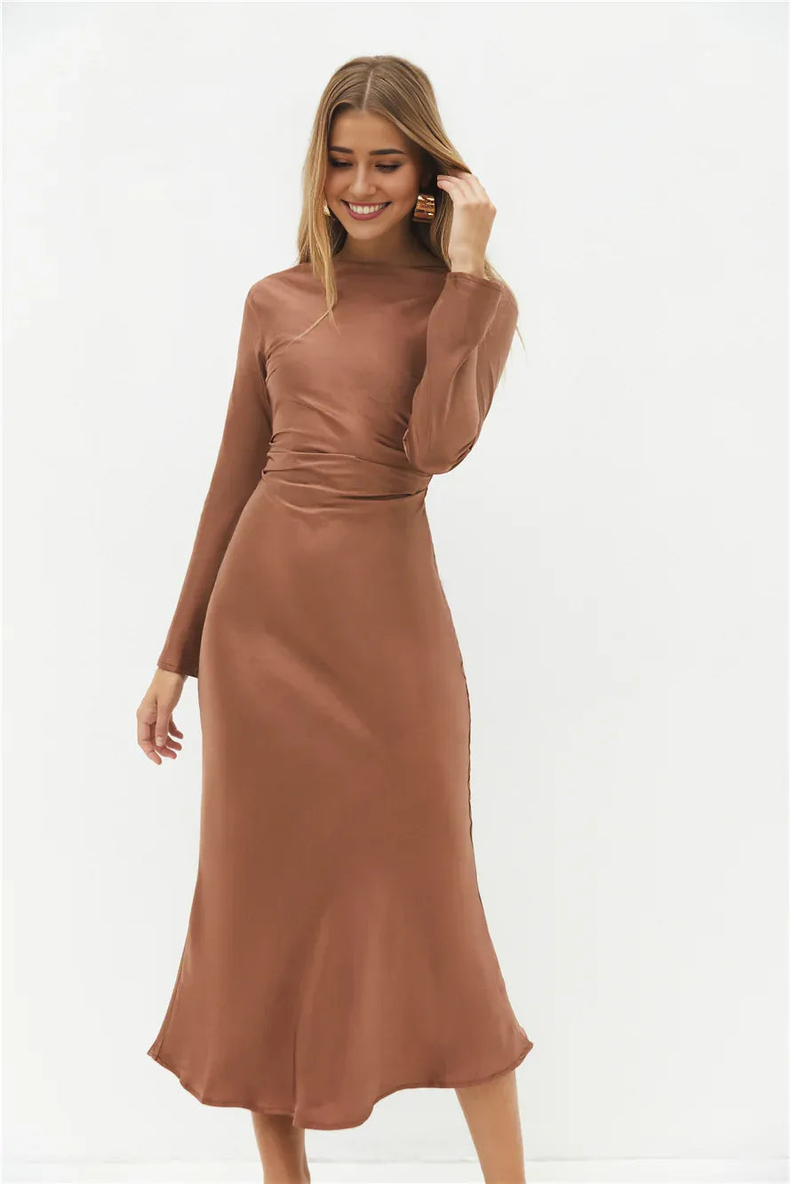 Beautiful Elegant Sage Green Satin High Neck Long Sleeve Floor-Length Cocktail Dress